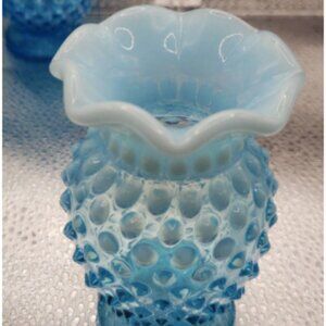 Mini Fenton Blue Hobnail Vase with Opalescent Ruffles 4" MCM